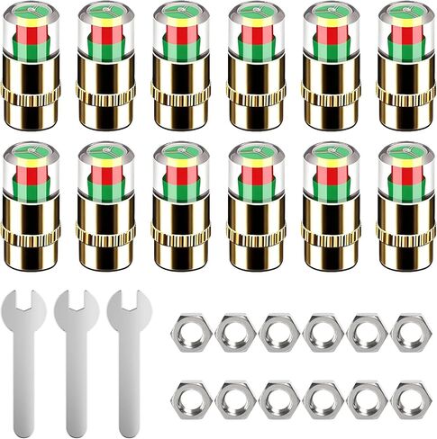 12 PCS Tire Pressure Monitor Valve Stem Caps, 2.4Bar 36PSI Car Tire Pressure Monitor Sensor Indicator with 3 Wrenches, 12 Hex Nuts, 3-Color Eye Alert, All-Copper Anti-Theft, Fit for Most Cars in Kuwait