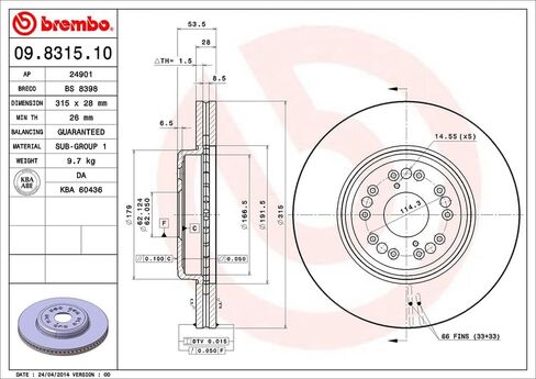 Brembo 09.8315.10 Standard vented Front Brake Rotor LEXUS/TOYOTA OE# 4351250130 in Kuwait