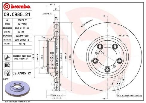 Brembo 09.C985.21 UV Coated vented Front Brake Rotor PORSCHE OE# 971615301 in Kuwait