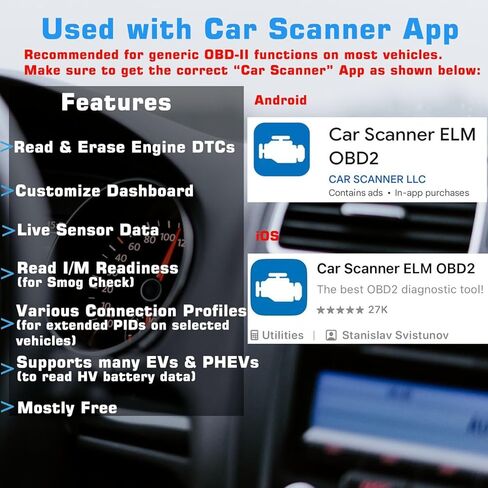 Bluetooth OBDII Scan Tool for iPhone & Android - No Subscription Fee - OBD2 Car Scanner and Code Reader - Diagnose Check Engine Fault, Supports 10 Languages and Most Cars After 1996 in Saudi Arabia