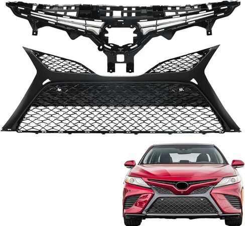 Front Bumper Hood Grille Upper and Lower Grill Gloss Black with Sensor Holes Replacement for 2018 2019 2020 Camry SE XSE TO1200422 TO1036186 in Kuwait