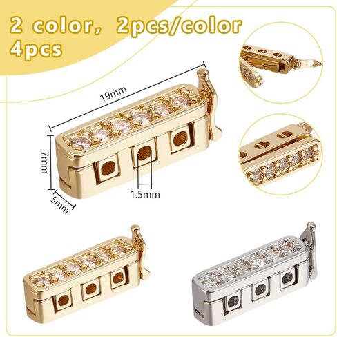 4 Pcs 2 Colors Brass Zirconia Layering Clasps 3-Strand Clasp Connectors Rectangle Rhinestone Layered Clasp Necklace Separator for Jewelry Bracelet Making Golden Platinum in Kuwait