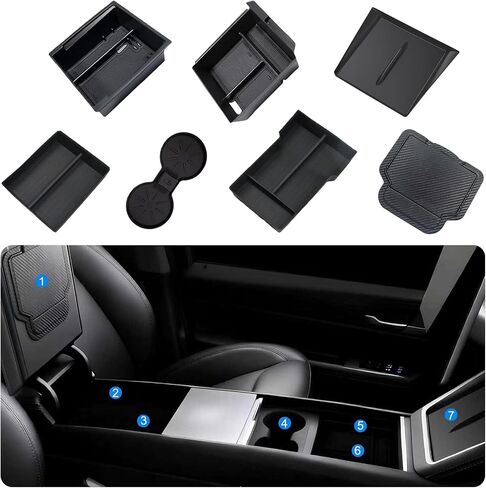 7PCS Center Console Organizer Tray for Tesla Model Y Juniper 2025 2026 Premium Performance Accessories with Armrest Hidden Storage Box Cup Holder Charger Pad ABS Silicone Center Organizer Set in Saudi Arabia