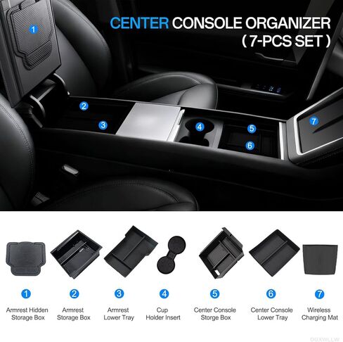 7PCS Center Console Organizer Tray for Tesla Model Y Juniper 2025 2026 Premium Performance Accessories with Armrest Hidden Storage Box Cup Holder Charger Pad ABS Silicone Center Organizer Set in Saudi Arabia