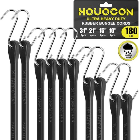 Bungee Cords with Hooks - Heavy Duty 30"/21"/15"/10" 10 Pack Rubber Straps, 304 Stainless Steel S-Hooks, 1.5X Stretch & 180 Lbs Load, Weatherproof for Truck, Tarp, Motorcycle, Camping, Outdoor in Saudi Arabia