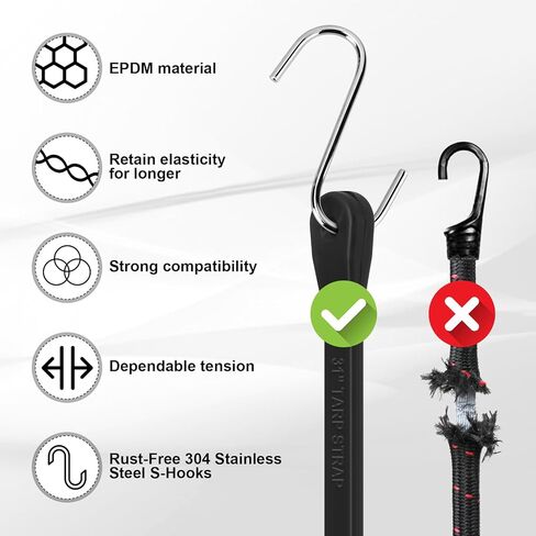 Bungee Cords with Hooks - Heavy Duty 30"/21"/15"/10" 10 Pack Rubber Straps, 304 Stainless Steel S-Hooks, 1.5X Stretch & 180 Lbs Load, Weatherproof for Truck, Tarp, Motorcycle, Camping, Outdoor in Saudi Arabia