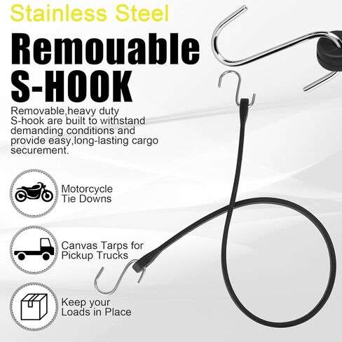 Bungee Cords with Hooks - Heavy Duty 30"/21"/15"/10" 10 Pack Rubber Straps, 304 Stainless Steel S-Hooks, 1.5X Stretch & 180 Lbs Load, Weatherproof for Truck, Tarp, Motorcycle, Camping, Outdoor in Saudi Arabia