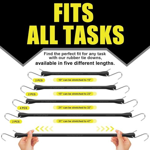 Bungee Cords with Hooks - Heavy Duty 30"/21"/15"/10" 10 Pack Rubber Straps, 304 Stainless Steel S-Hooks, 1.5X Stretch & 180 Lbs Load, Weatherproof for Truck, Tarp, Motorcycle, Camping, Outdoor in Saudi Arabia
