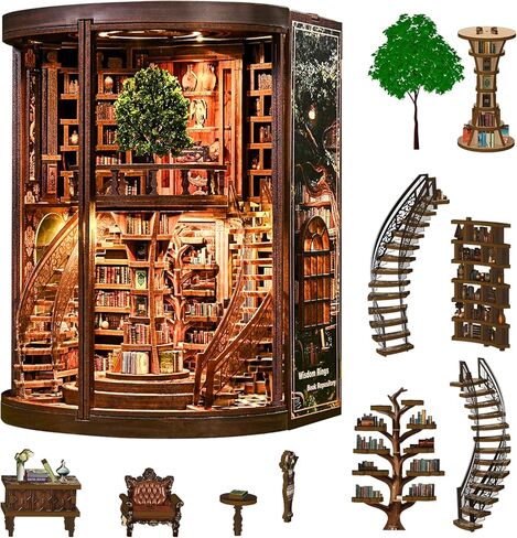 Book Nook Kit, 3D Wooden Puzzles for Adults, DIY Miniature House Kit for Adults, Booknook with LED Light, Gifts for Family, Friends and Book Lovers, Bookshelf Decor(Wisdom Rings) in Saudi Arabia