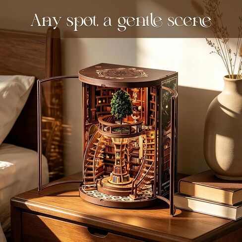 Book Nook Kit, 3D Wooden Puzzles for Adults, DIY Miniature House Kit for Adults, Booknook with LED Light, Gifts for Family, Friends and Book Lovers, Bookshelf Decor(Wisdom Rings) in Saudi Arabia