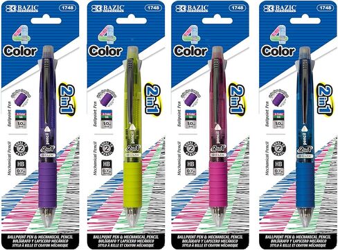 BAZIC 4 + 1 Ballpoint Pen + Mechanical Pencil w/Soft Grip, Bold Point 1.0 mm, 0.7mm Lead, Assorted Colors Inks, Smooth Writing, 4-Pack in Saudi Arabia