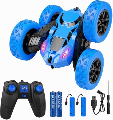 2.4GHz Remote Control Stunt Car for Boys 6-12, 360° Rotating Twin Motors Double Sided Off Road Vehicle, 4WD Rock Climbing Truck with LED Lights, 2 Rechargeable Batteries, Blue in Saudi Arabia