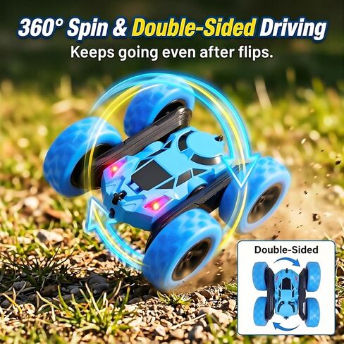 2.4GHz Remote Control Stunt Car for Boys 6-12, 360° Rotating Twin Motors Double Sided Off Road Vehicle, 4WD Rock Climbing Truck with LED Lights, 2 Rechargeable Batteries, Blue in Saudi Arabia