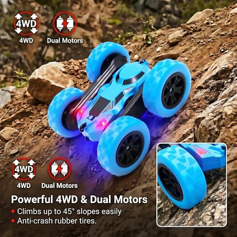 2.4GHz Remote Control Stunt Car for Boys 6-12, 360° Rotating Twin Motors Double Sided Off Road Vehicle, 4WD Rock Climbing Truck with LED Lights, 2 Rechargeable Batteries, Blue in Saudi Arabia