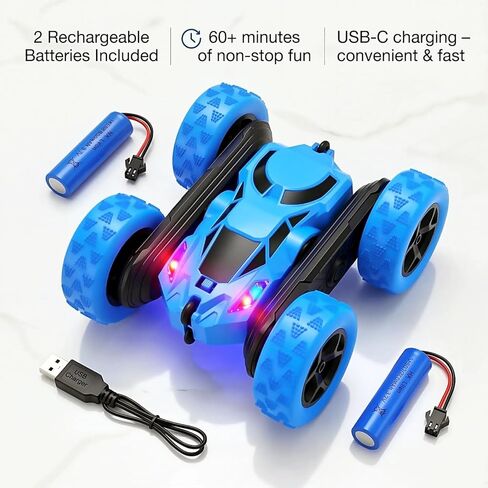 2.4GHz Remote Control Stunt Car for Boys 6-12, 360° Rotating Twin Motors Double Sided Off Road Vehicle, 4WD Rock Climbing Truck with LED Lights, 2 Rechargeable Batteries, Blue in Saudi Arabia