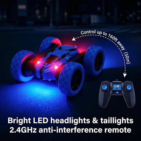 2.4GHz Remote Control Stunt Car for Boys 6-12, 360° Rotating Twin Motors Double Sided Off Road Vehicle, 4WD Rock Climbing Truck with LED Lights, 2 Rechargeable Batteries, Blue in Saudi Arabia
