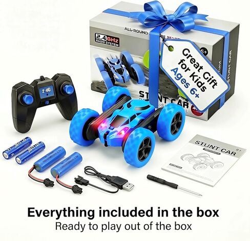 2.4GHz Remote Control Stunt Car for Boys 6-12, 360° Rotating Twin Motors Double Sided Off Road Vehicle, 4WD Rock Climbing Truck with LED Lights, 2 Rechargeable Batteries, Blue in Saudi Arabia