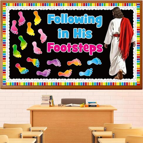 Christian Religious Bulletin Board Decoration Set, Jesus Sunday School Decorations, VBS Following in His Footsteps Cutouts for Classroom Library Church Wall Window Chalkboard Door Decor for Teacher in Saudi Arabia