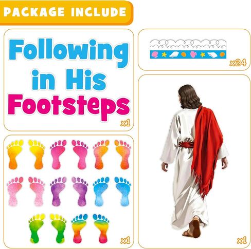 Christian Religious Bulletin Board Decoration Set, Jesus Sunday School Decorations, VBS Following in His Footsteps Cutouts for Classroom Library Church Wall Window Chalkboard Door Decor for Teacher in Saudi Arabia