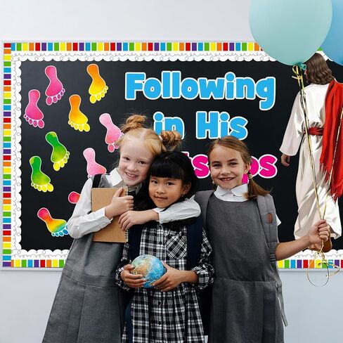 Christian Religious Bulletin Board Decoration Set, Jesus Sunday School Decorations, VBS Following in His Footsteps Cutouts for Classroom Library Church Wall Window Chalkboard Door Decor for Teacher in Saudi Arabia