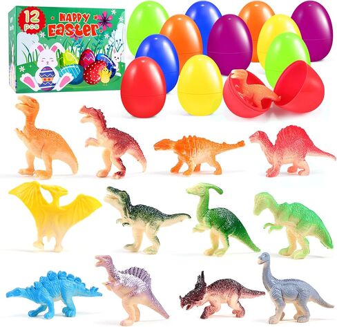 12 PCS Prefilled Easter Eggs with Dinosaur Toys, Filled Easter Basket Stuffers Gifts for 3-8 Year Old Kids Toddlers, Easter Egg Fillers Party Favors Classroom Prize Supplies in Saudi Arabia