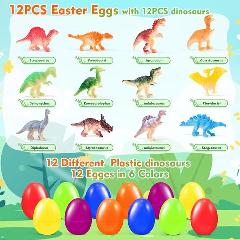 12 PCS Prefilled Easter Eggs with Dinosaur Toys, Filled Easter Basket Stuffers Gifts for 3-8 Year Old Kids Toddlers, Easter Egg Fillers Party Favors Classroom Prize Supplies in Saudi Arabia