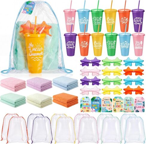 Realspring 60 Pcs Beach Pool Party Favors Summer Pool Gift Bulk End of Year Student Gifts from Teachers Sunglasses Summer Plastic Cups with Lid Straw Beach Towel Cards for Swim Birthday Party Supply in Kuwait