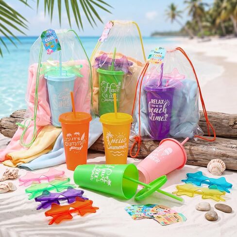 Realspring 60 Pcs Beach Pool Party Favors Summer Pool Gift Bulk End of Year Student Gifts from Teachers Sunglasses Summer Plastic Cups with Lid Straw Beach Towel Cards for Swim Birthday Party Supply in Kuwait