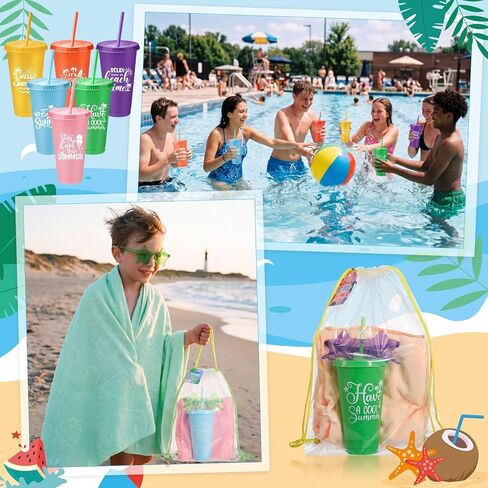 Realspring 60 Pcs Beach Pool Party Favors Summer Pool Gift Bulk End of Year Student Gifts from Teachers Sunglasses Summer Plastic Cups with Lid Straw Beach Towel Cards for Swim Birthday Party Supply in Kuwait