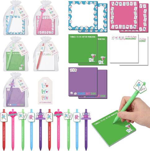 Gersoniel 20 Set Mahjong Ballpoint Pens Gifts for Mahjong Lovers Sticky Notes and Cards White Organza Bag Chinese Funny Gifts for Mah Jong Themed Birthday Party New Year Office Home Supplies in Kuwait