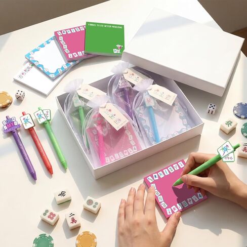 Gersoniel 20 Set Mahjong Ballpoint Pens Gifts for Mahjong Lovers Sticky Notes and Cards White Organza Bag Chinese Funny Gifts for Mah Jong Themed Birthday Party New Year Office Home Supplies in Kuwait