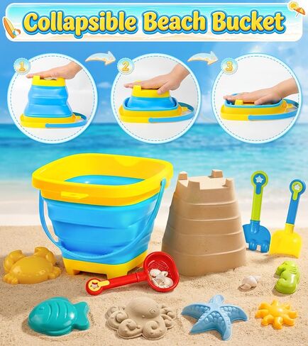 Collapsible Beach Sand Toys for Kids Toddlers, Collapsible Sand Bucket with Water Wheel Sifter Shovels Set with Mesh Bag and Sand Molds, Travel Beach Sandbox Toys for Boys Girls 3 4 5 6 7 8 9 10+ in Saudi Arabia