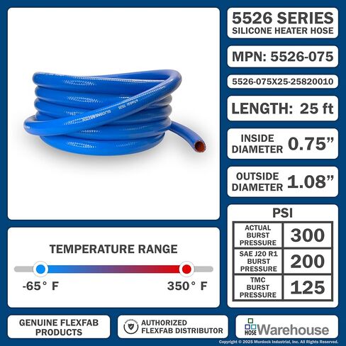 Genuine Flexfab 5526 Series 3/4" x 25' Blue Silicone Heater/Radiator Coolant Hose 5526-075 with (2) FLX2582-0010 Flexfab Lined Worm Gear Clamps in Saudi Arabia