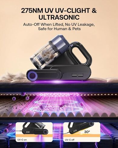 Mattress Vacuum Cleaner with 275nm UV-C Light & 149℉ Heat, 16Kpa Powerful Suction Bed Vacuum for Pet Hair & Dander, Smart Dust Sensor, Anion & Aromatherapy, Corded for Bed, Sofa, Couch, Purple in Saudi Arabia