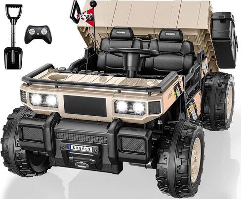 24V 2 Seater Ride On Dump Truck with Electric Dump Bed, Shovel, Toolbox, 4x100W Powerful Motors, Max 4.5Mph, Parent Remote, All-Terrain Tires, Ride on Car for Kids Ages 3-8, 132Lbs Load, Yellow in Saudi Arabia