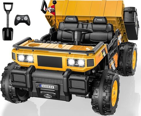 24V 2 Seater Ride On Dump Truck with Electric Dump Bed, Shovel, Toolbox, 4x100W Powerful Motors, Max 4.5Mph, Parent Remote, All-Terrain Tires, Ride on Car for Kids Ages 3-8, 132Lbs Load, Yellow in Kuwait