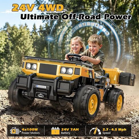 24V 2 Seater Ride On Dump Truck with Electric Dump Bed, Shovel, Toolbox, 4x100W Powerful Motors, Max 4.5Mph, Parent Remote, All-Terrain Tires, Ride on Car for Kids Ages 3-8, 132Lbs Load, Yellow in Kuwait
