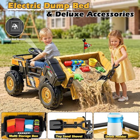24V 2 Seater Ride On Dump Truck with Electric Dump Bed, Shovel, Toolbox, 4x100W Powerful Motors, Max 4.5Mph, Parent Remote, All-Terrain Tires, Ride on Car for Kids Ages 3-8, 132Lbs Load, Yellow in Kuwait