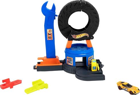 Hot Wheels Toy Car Track Set, City Downtown Tire Shop Playset & 1:64 Scale Die-Cast Tow Truck, Multidirectional Play, Speed Snap Track Compatible in Kuwait