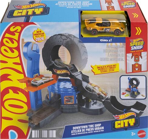 Hot Wheels Toy Car Track Set, City Downtown Tire Shop Playset & 1:64 Scale Die-Cast Tow Truck, Multidirectional Play, Speed Snap Track Compatible in Kuwait
