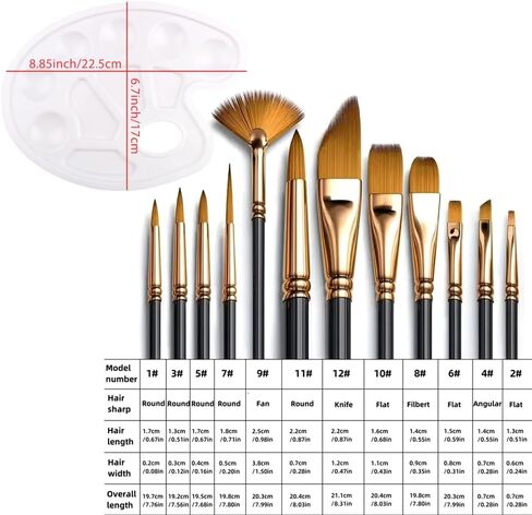 Paint Brush Set with Palette,12 Pieces Acrylic Paintbrush,Perfect for Watercolor,Oil,Acrylic Painting Art in Kuwait