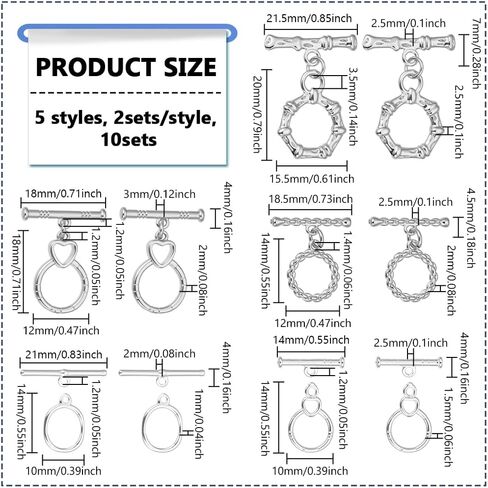 PH PandaHall 10 Sets Toggle Clasps 5 Styles Jewelry Toggle Clasps Round T-Bar Links Brass Bar and Ring Clasp Bracelet Closure Hook Connectors for Jewelry Bracelet Necklace Making, Platinum/Silver in Kuwait