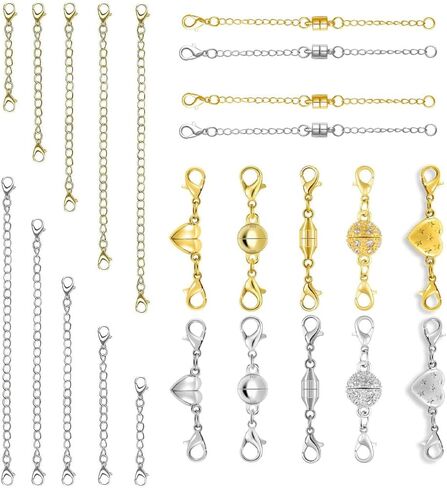 Magnetic Necklace Clasps and Closures-Magnetic Necklace Clasp & Extender Chain Set, Easy to Use for Necklaces Bracelet, Gold & Sliver (28pcs) in Saudi Arabia