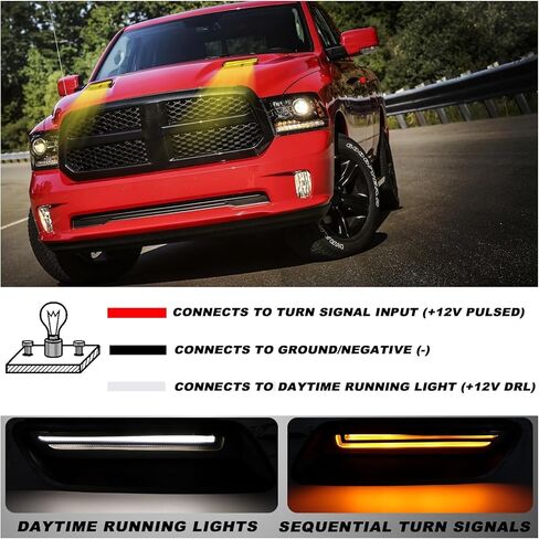 LED Hood Vent Lights for Ram 1500 (2010-2018) & Ram 1500 Classic (2019-2022) - Direct Replacement Hood Air Flow Vent Grille Lamp with White DRL & Sequential Amber Turn Signals 2-Piece Set in Kuwait