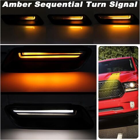 LED Hood Vent Lights for Ram 1500 (2010-2018) & Ram 1500 Classic (2019-2022) - Direct Replacement Hood Air Flow Vent Grille Lamp with White DRL & Sequential Amber Turn Signals 2-Piece Set in Kuwait