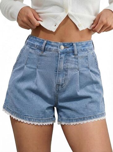 Dokotoo Denim Shorts for Women Scalloped Lace Trim Mid Rise Jean Shorts Pleated Wide Leg Stretchy Summer Hot Short in Saudi Arabia