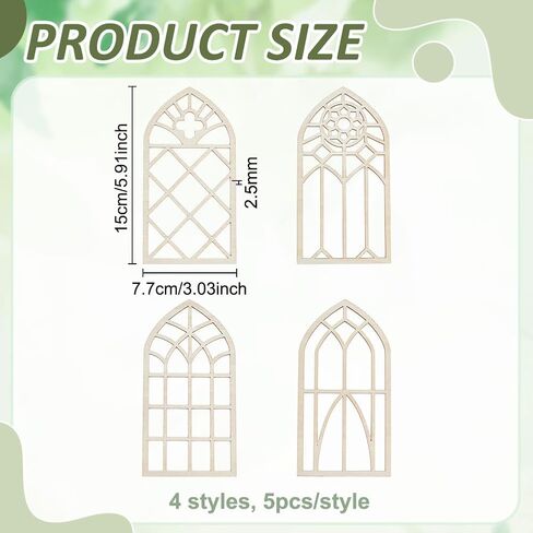 PH PandaHall 4 Styles Wooden Window Cutouts 20pcs Unfinished Wood Slices Miniature Blank Windows Mini Fairy House Windows for DIY Crafts Birthday Home Party Hanging Ornaments, 5.9x3 Inch in Kuwait