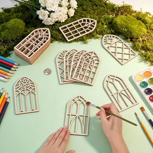 PH PandaHall 4 Styles Wooden Window Cutouts 20pcs Unfinished Wood Slices Miniature Blank Windows Mini Fairy House Windows for DIY Crafts Birthday Home Party Hanging Ornaments, 5.9x3 Inch in Kuwait