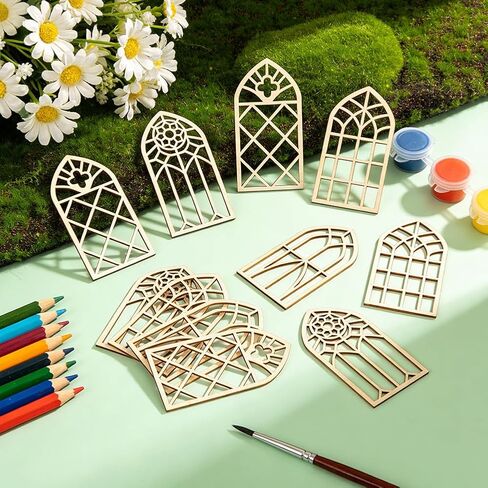 PH PandaHall 4 Styles Wooden Window Cutouts 20pcs Unfinished Wood Slices Miniature Blank Windows Mini Fairy House Windows for DIY Crafts Birthday Home Party Hanging Ornaments, 5.9x3 Inch in Kuwait