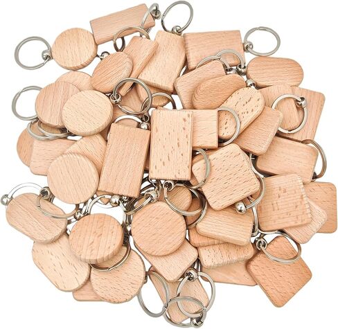 50PCS Wood Engraving Blanks Key Chain，Wood Keychain Blanks，Assorted Unfinished Wooden Key Tag Key Ring for DIY Gift Crafts Christmas Ornaments Laser (50) in Kuwait